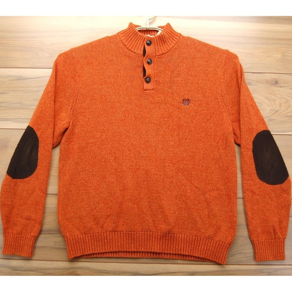 Chaps Sweater Mens Large Orange Autumn Twist Pullover Elbow Patch Cotton Knit - Picture 1 of 11